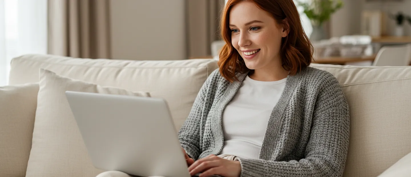 A woman sitting on a couch using a laptop computer.