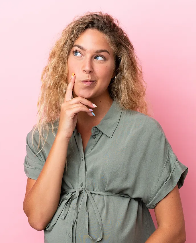 A woman with a surprised look on her face.