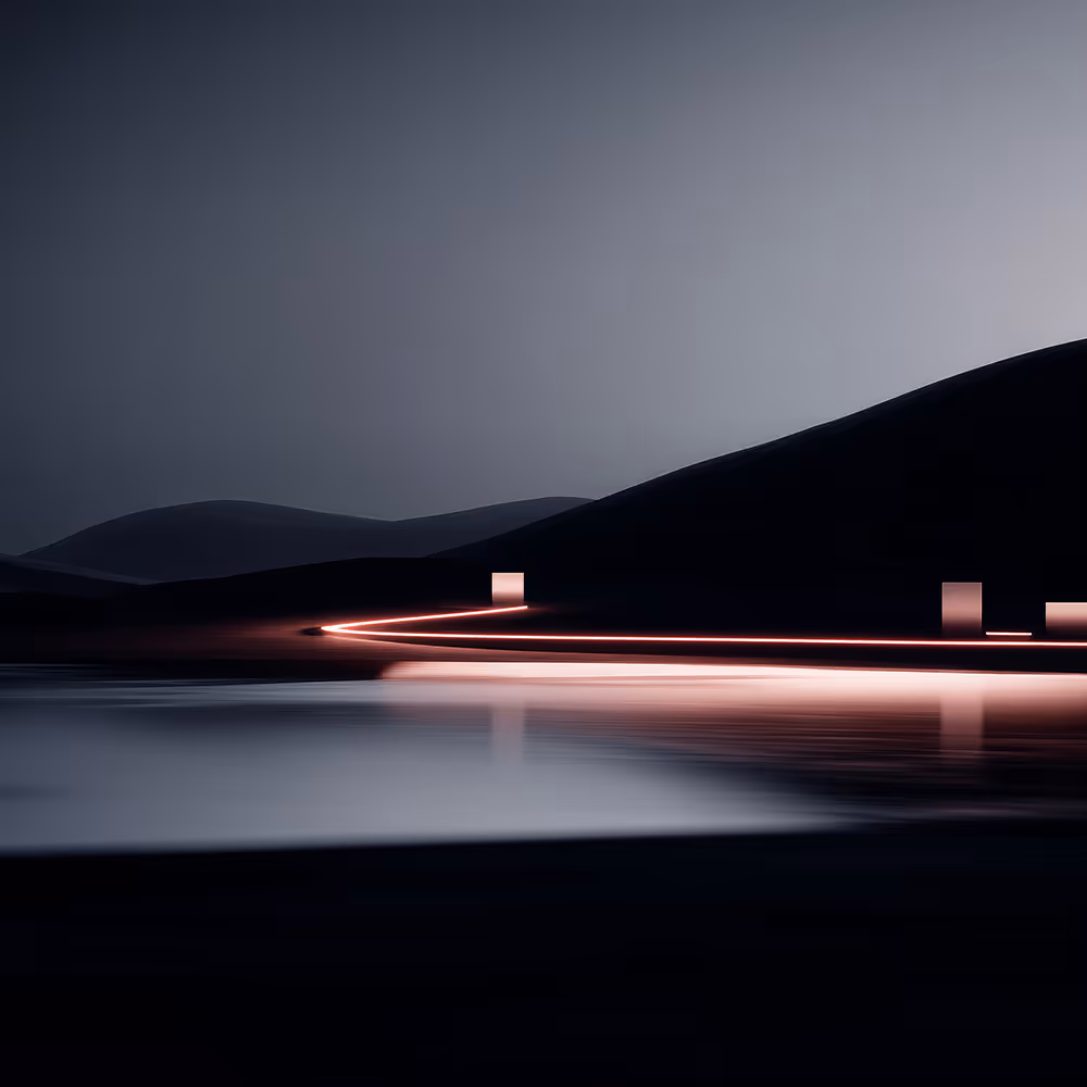 Dark landscape with hills and a winding neon light path reflecting on still water at night.