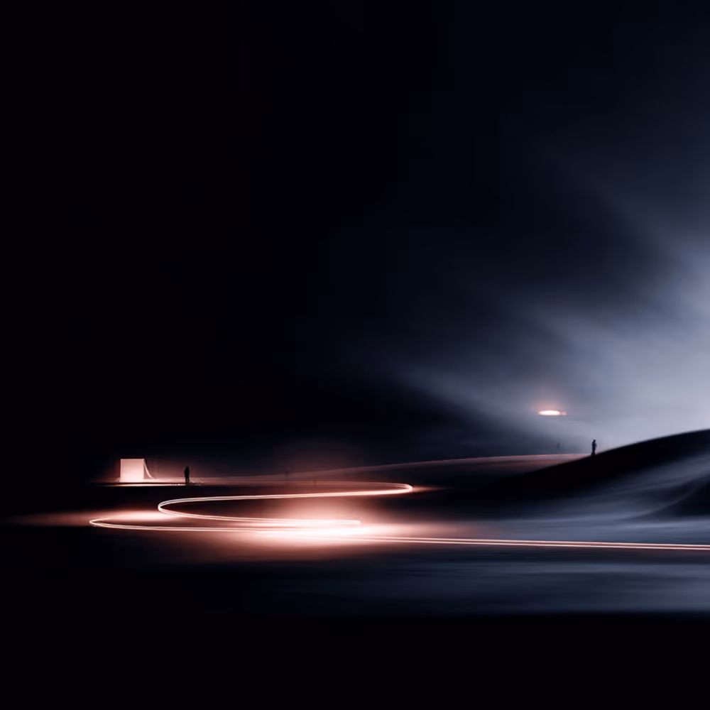 Dark landscape with two small silhouetted figures, a glowing winding light path, and a bright light source in the distance.