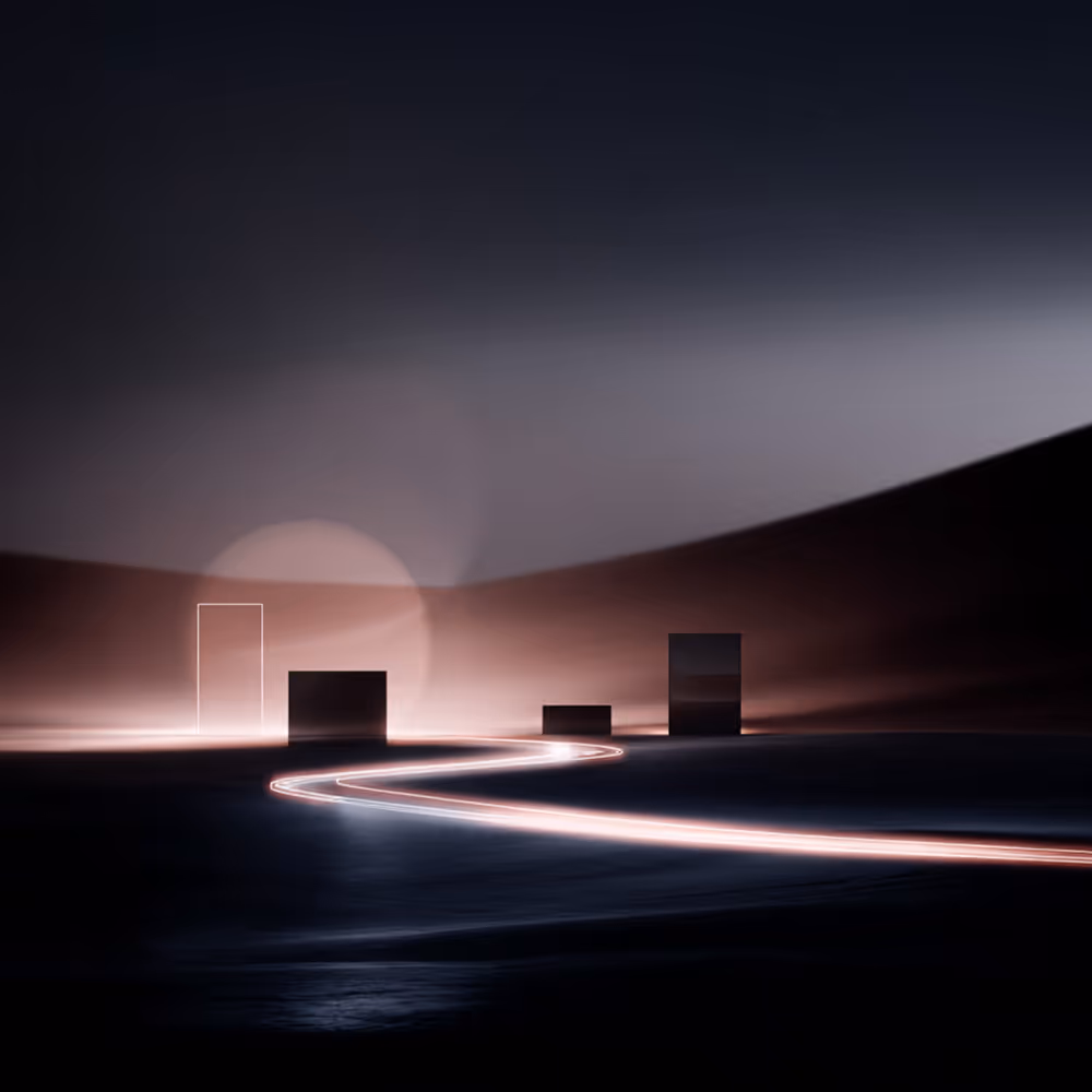 Dark surreal landscape with glowing winding light path leading to three black rectangular monoliths and a glowing doorway outline.