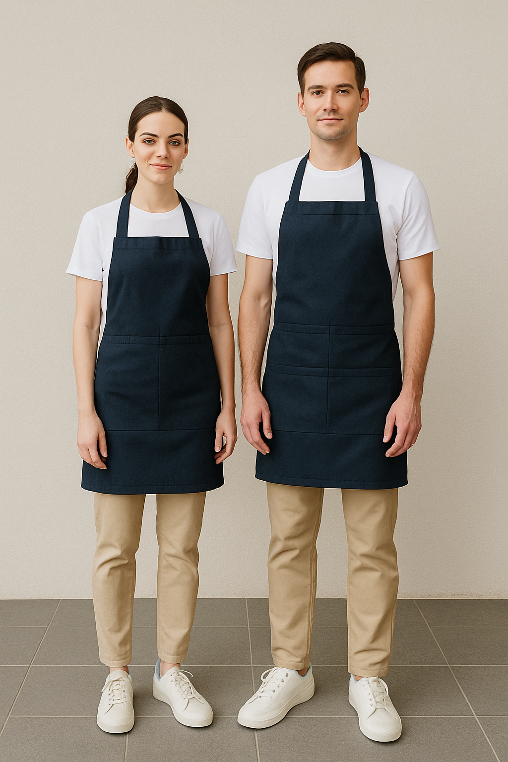 female male white tshirt navy apron beige trousers