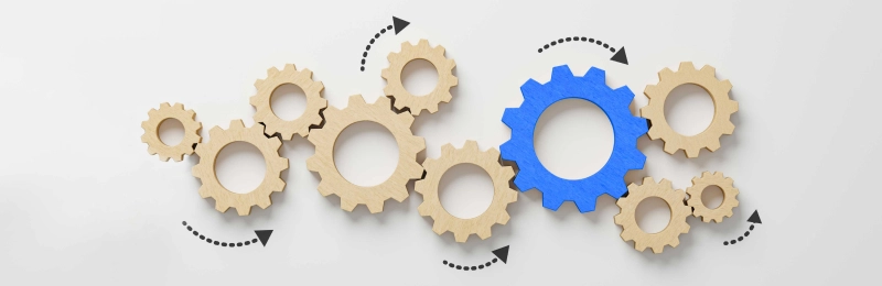 Blue gear playing a key role among interconnected cogs