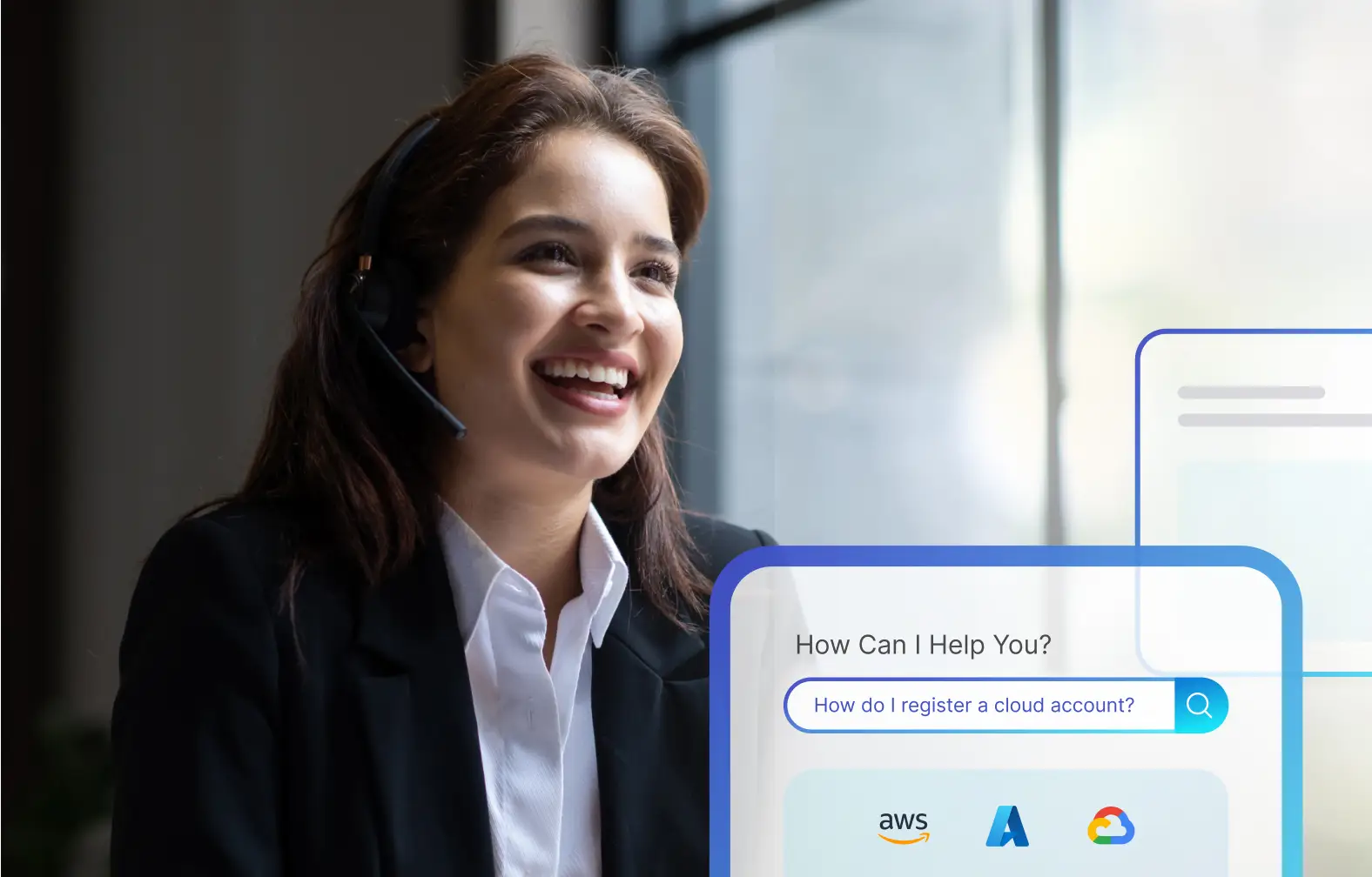 Support agent explaining cloud account registration with search interface screen