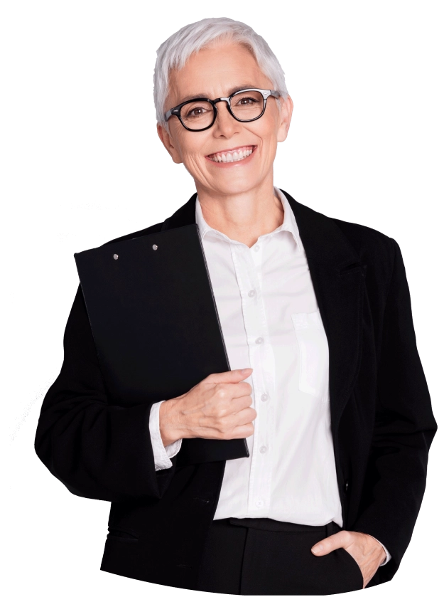 Professional in a suit smiling while holding a clipboard