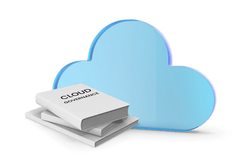 Book and blue cloud icon symbolizing cloud governance concepts.