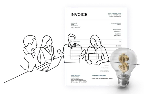 Image representing cost with invoices, a meeting, and a dollar in a lightbulb
