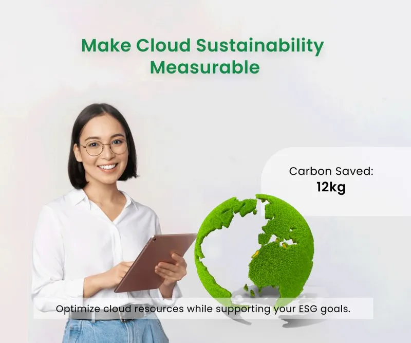 Eco-friendly globe showing carbon reduction data with user holding tablet