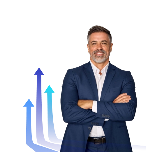 Business expert standing with arms crossed in front of a growth arrow