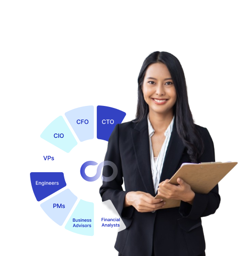 Professional standing next to a pie chart labeled with various job roles