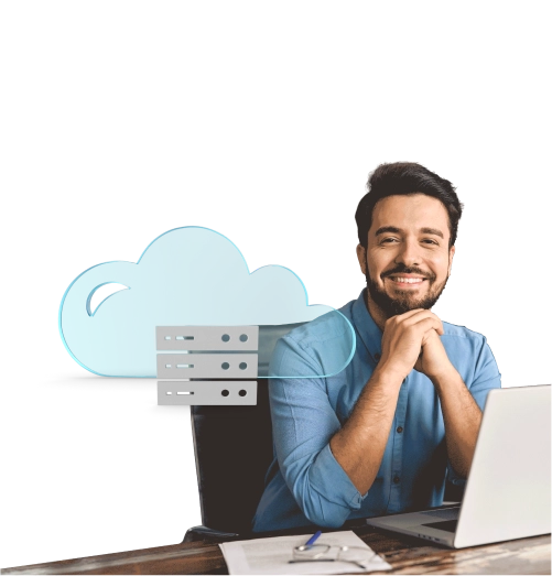 Man smiling with a laptop in front of a cloud server icon