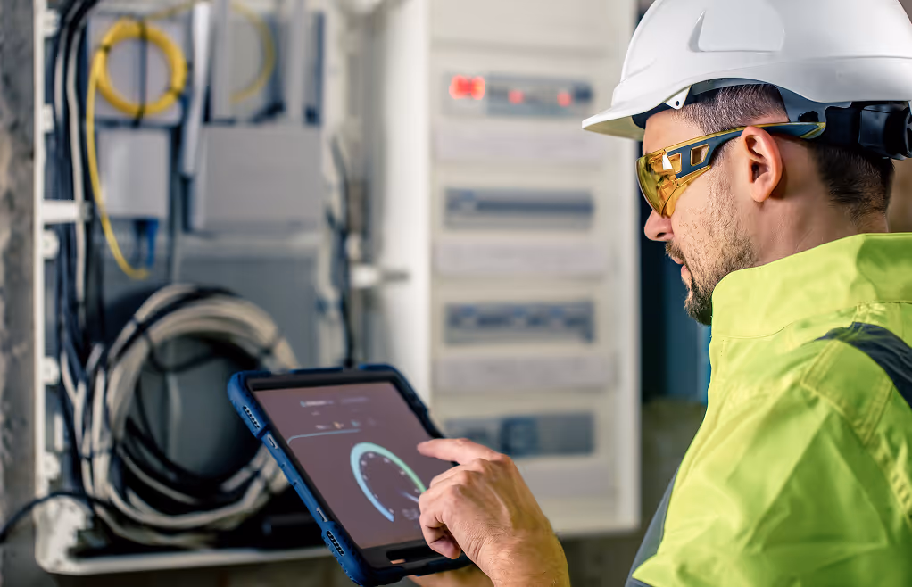 Electrician wearing safety helmet and goggles using a digital tablet to inspect an electrical panel with wiring.