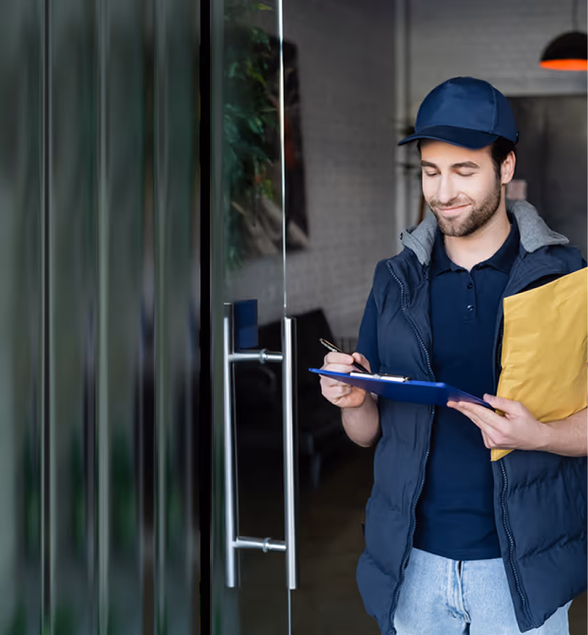 Delivery man in a blue cap and vest holding a clipboard and a package near a glass door.