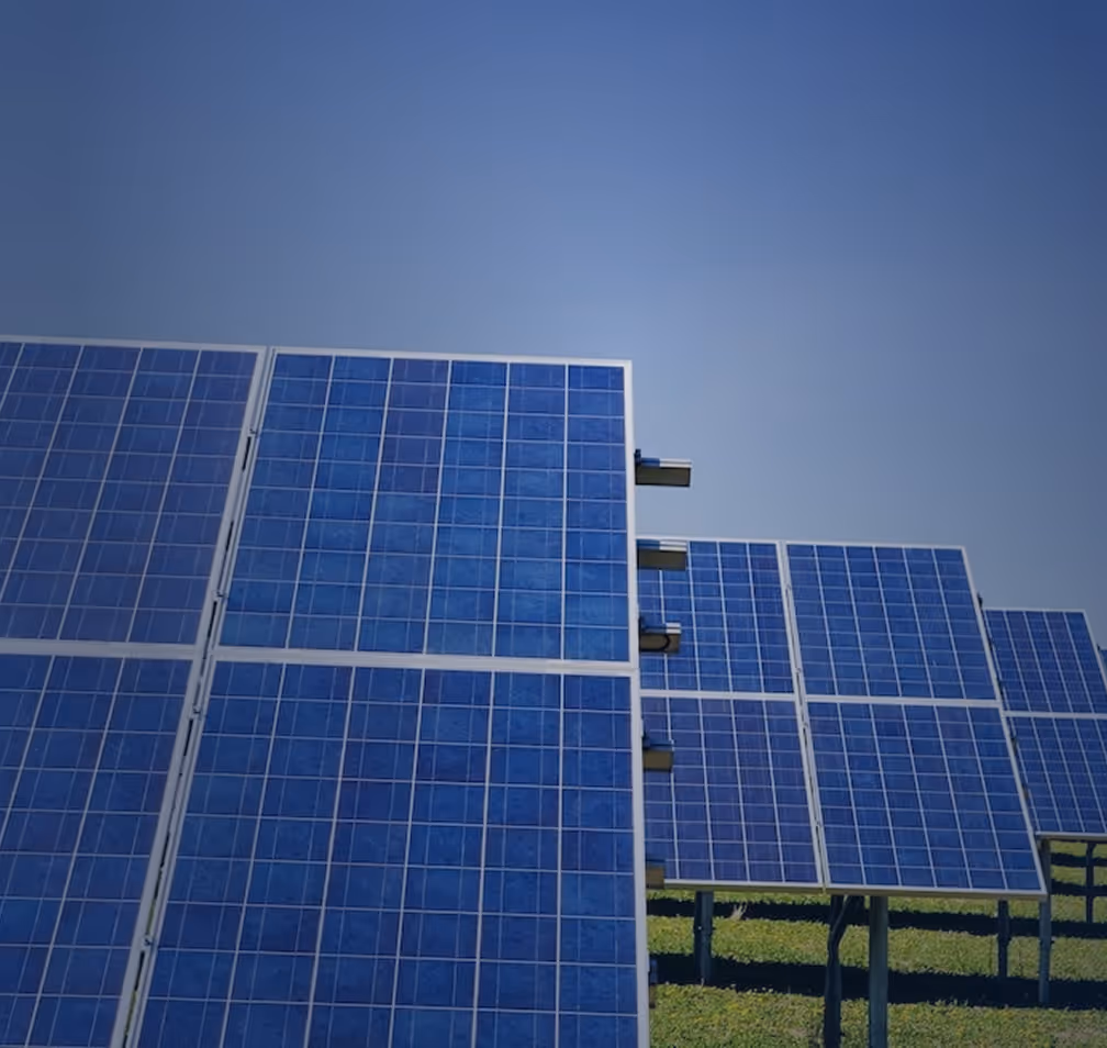 Multiple blue solar panels mounted on metal stands in a green field under a clear sky.