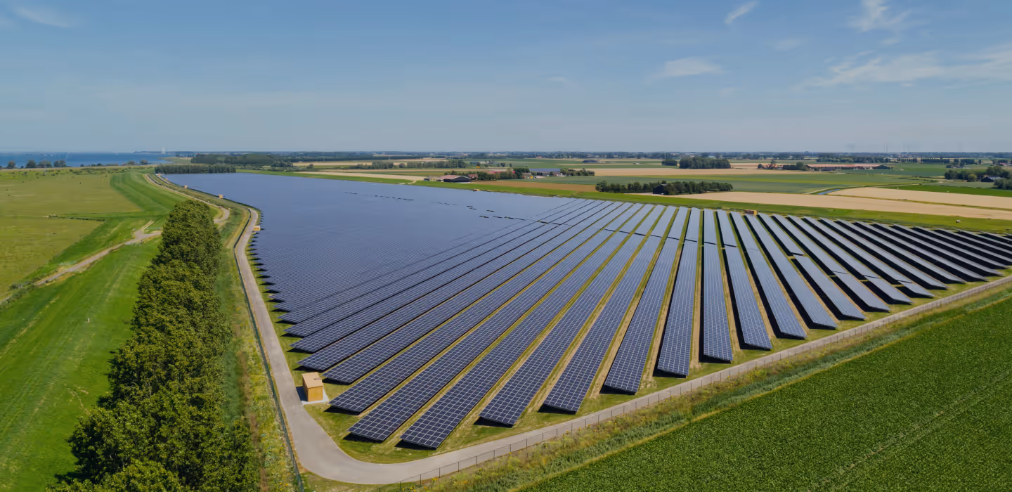 A large solar farm with rows of solar panels installed on grassy land under a blue sky.