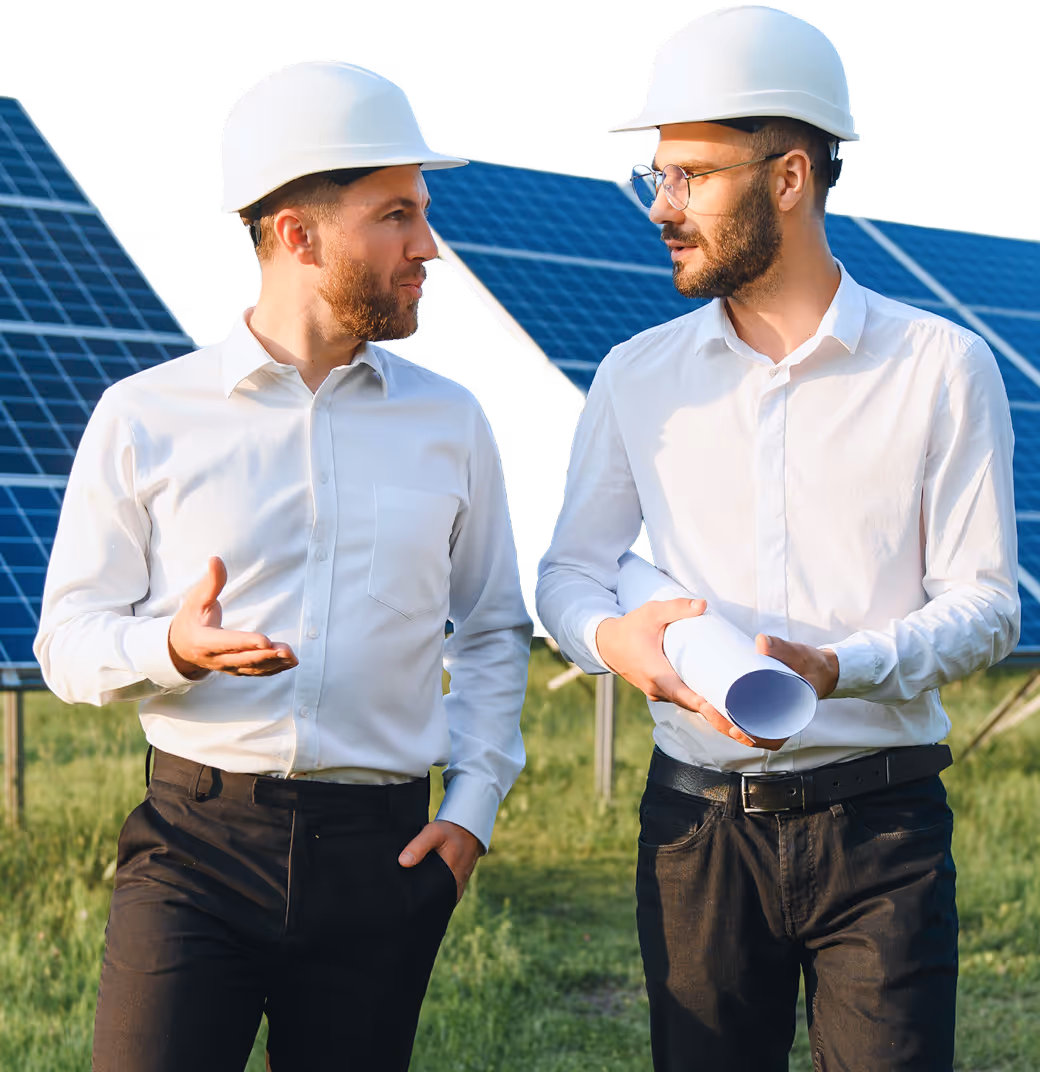 Two male engineers wearing white helmets and white shirts discussing in front of solar panels, one holding blueprints.