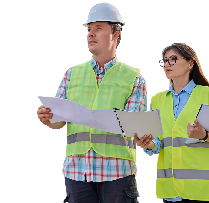 Two construction workers in safety vests reviewing blueprints and documents.