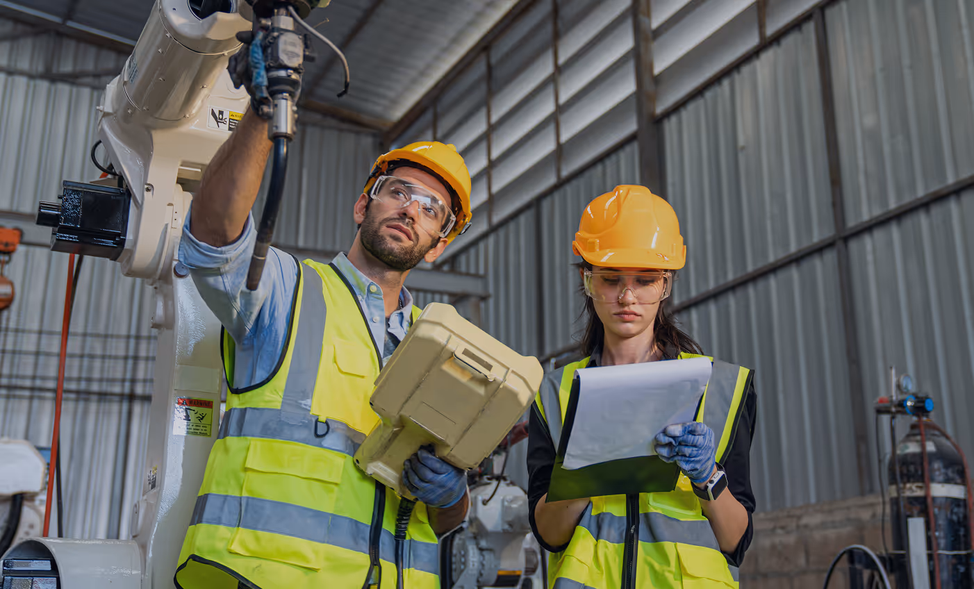 Two factory workers in yellow safety vests and helmets inspecting machinery, with one holding a control device and the other reviewing documents.