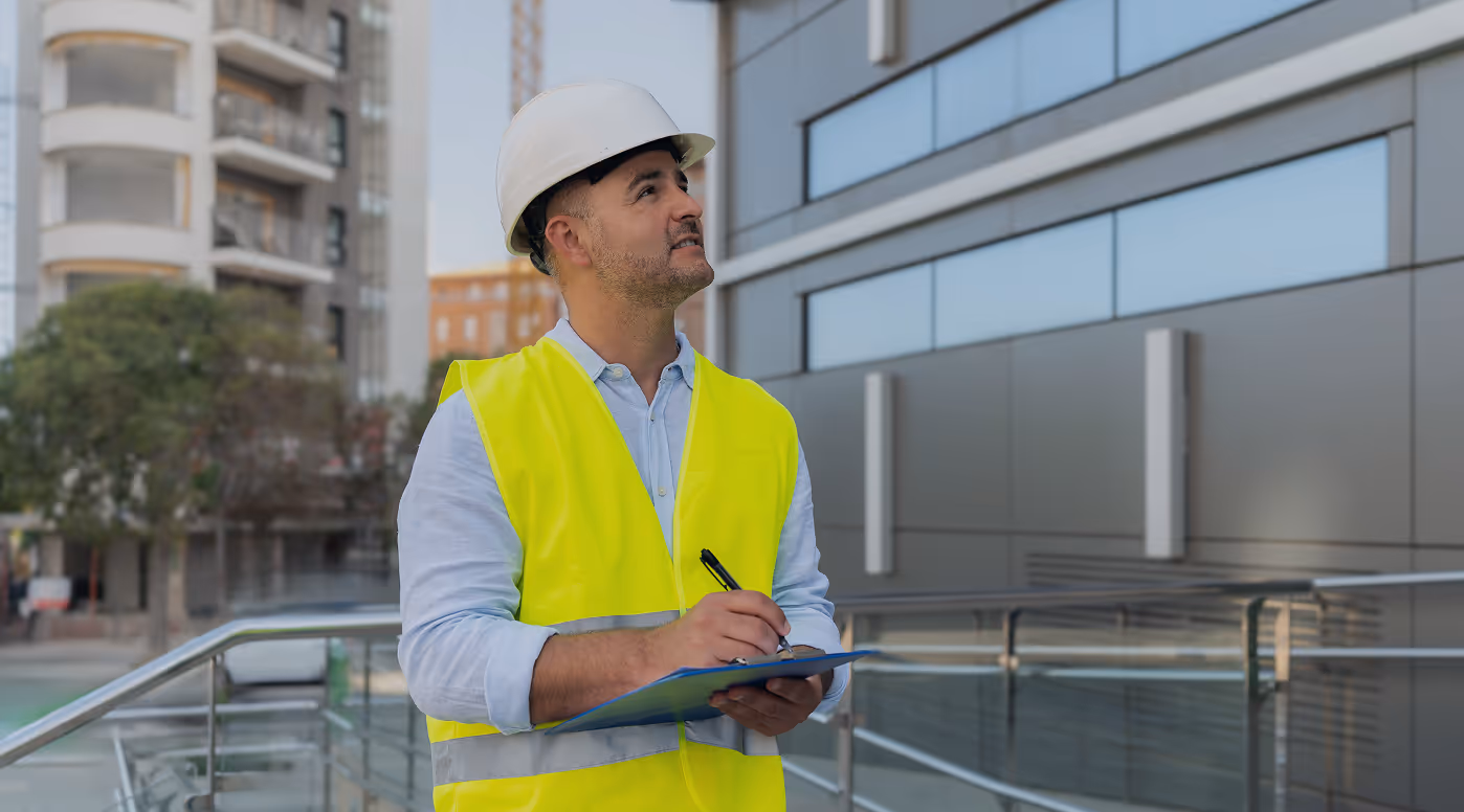 Construction worker in a yellow safety vest and white hard hat holding a clipboard and pen, looking up at a building.