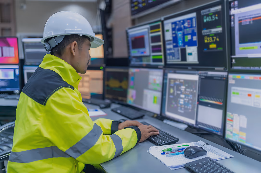 Man in a white hard hat and yellow safety jacket working on a computer in a control room with multiple monitors displaying data and graphs.