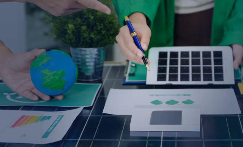 Two people discussing renewable energy with one holding a small globe and the other pointing at a solar panel model with a pen.