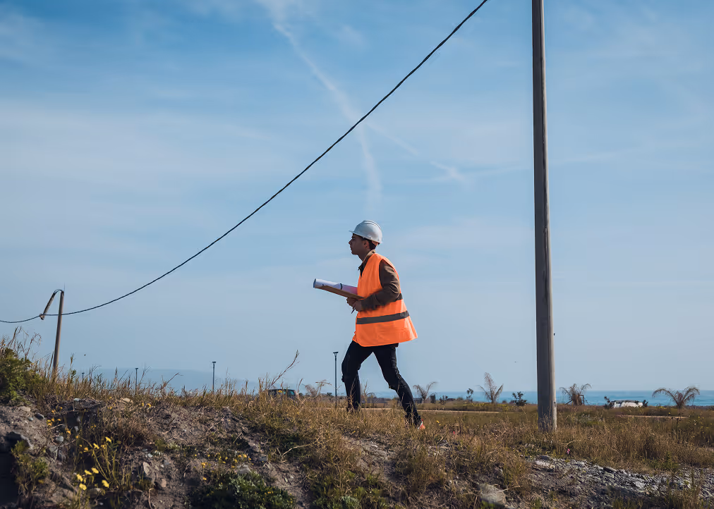 Construction worker wearing a white helmet and orange safety vest walking outdoors holding blueprints.