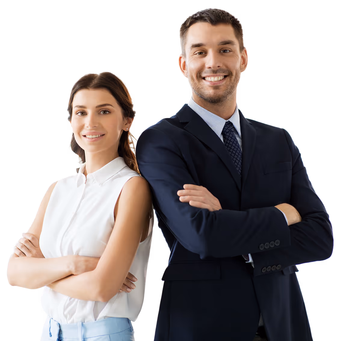 Smiling professional man in a dark suit and woman in a white sleeveless blouse standing back to back with arms crossed.