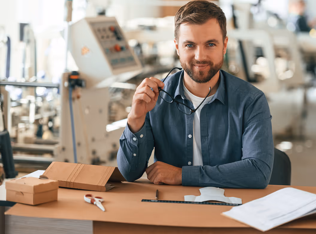 Smiling man holding glasses sitting at a table with cardboard boxes and packaging designs in a workshop.