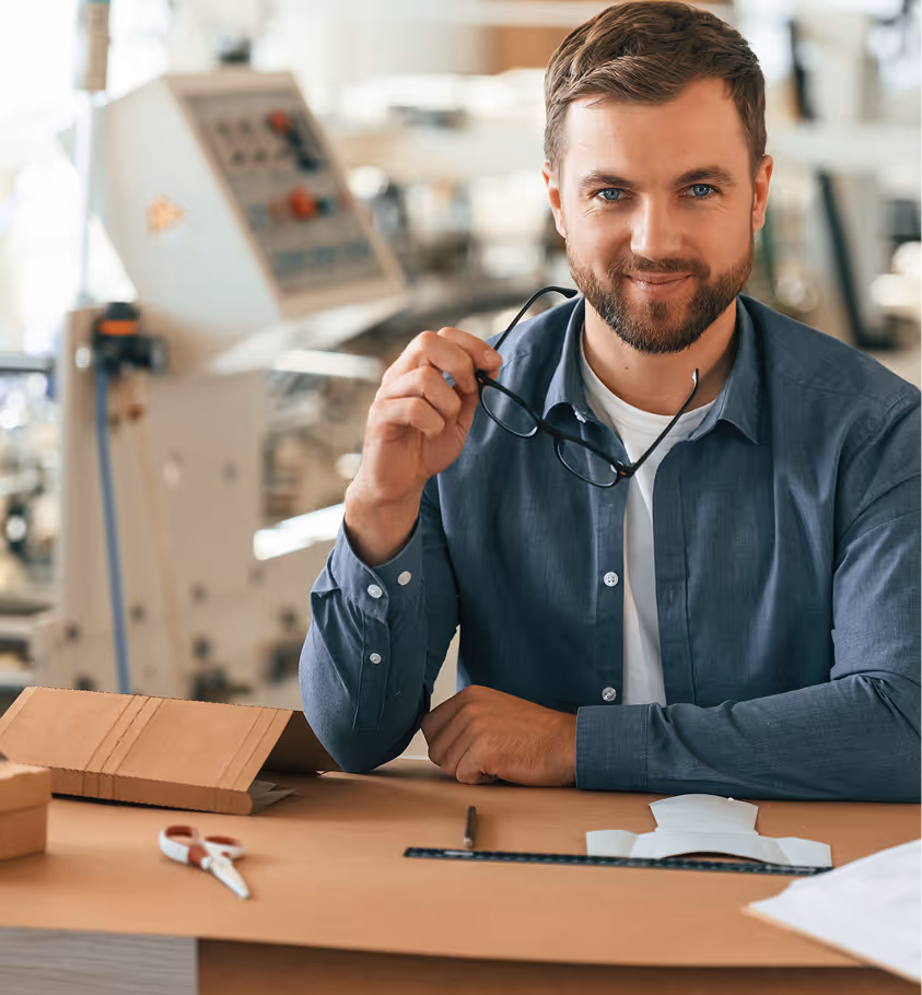 Smiling man holding eyeglasses sitting at desk with cardboard and scissors in a workshop.