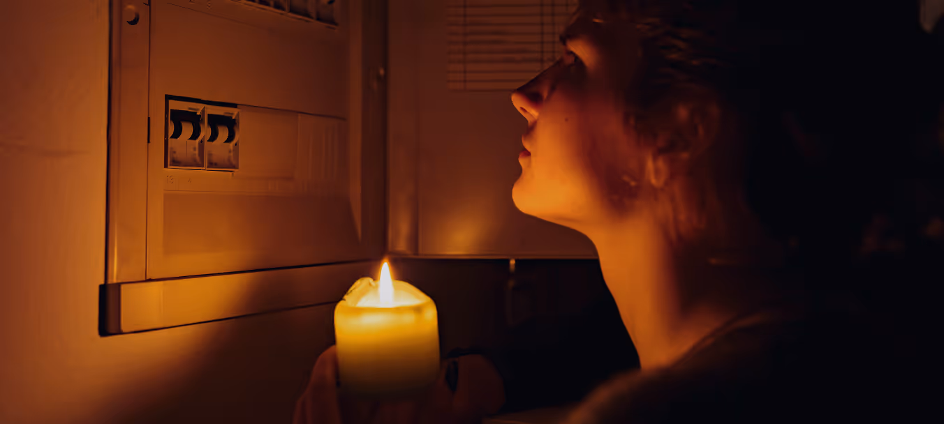 Woman holding a lit candle in a dark room near an electrical panel with switches.