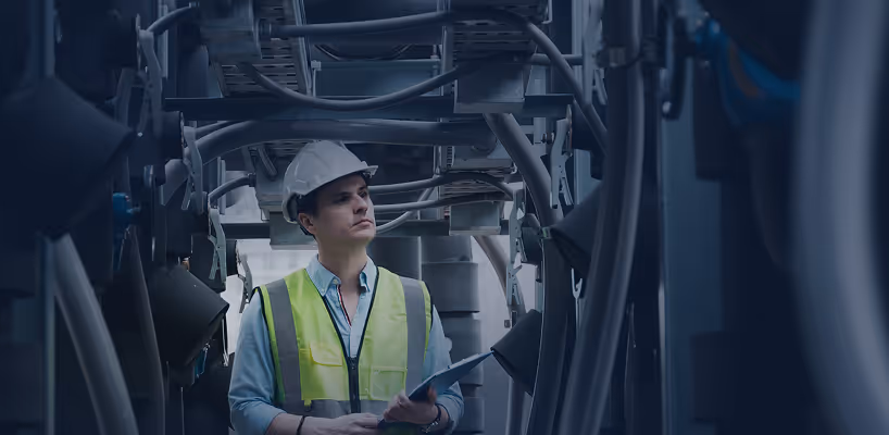 Engineer in a white hard hat and yellow safety vest inspecting industrial machinery indoors.