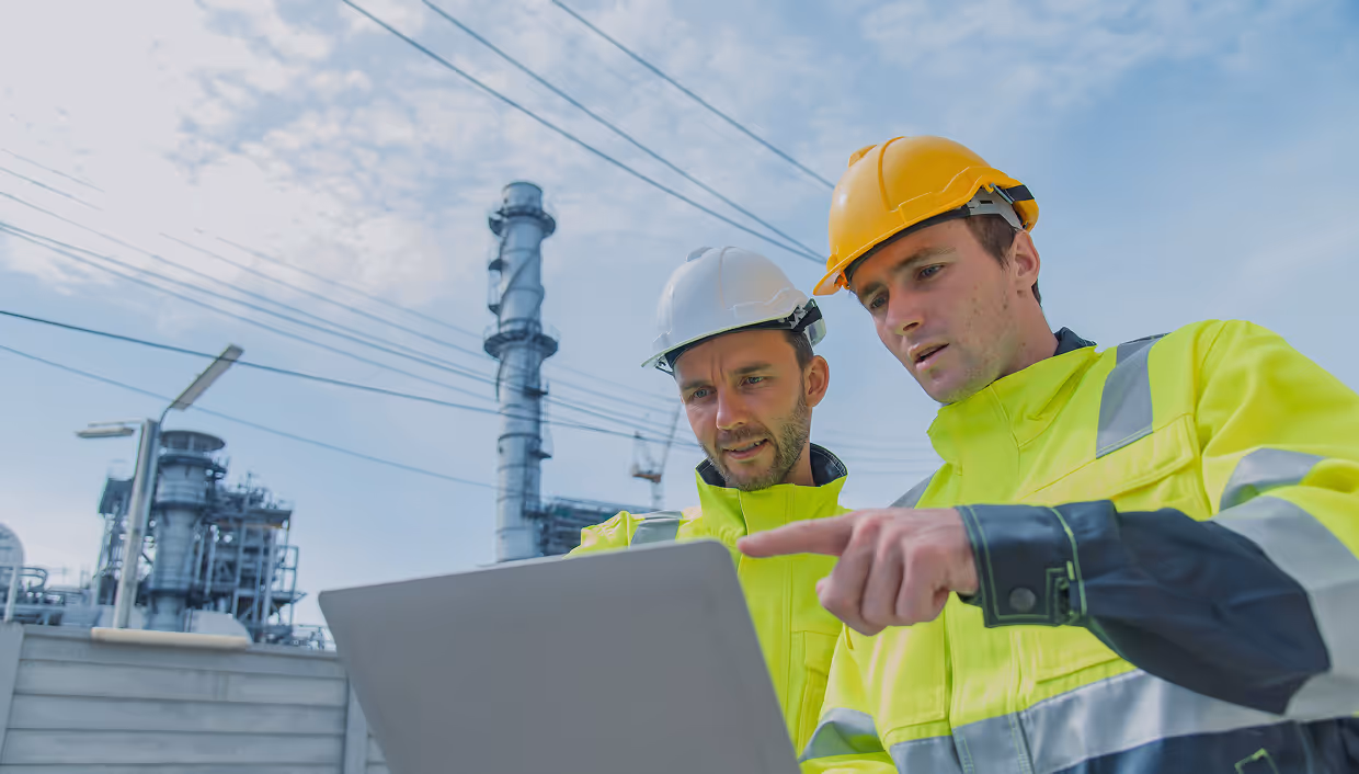 Two male engineers wearing safety helmets and high-visibility jackets looking at a laptop at an industrial site.
