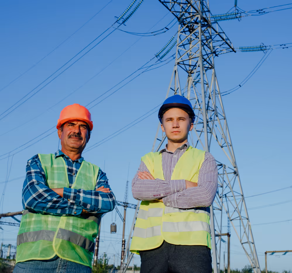 Two male electrical workers wearing safety helmets and reflective vests standing with arms crossed in front of a large power transmission tower.