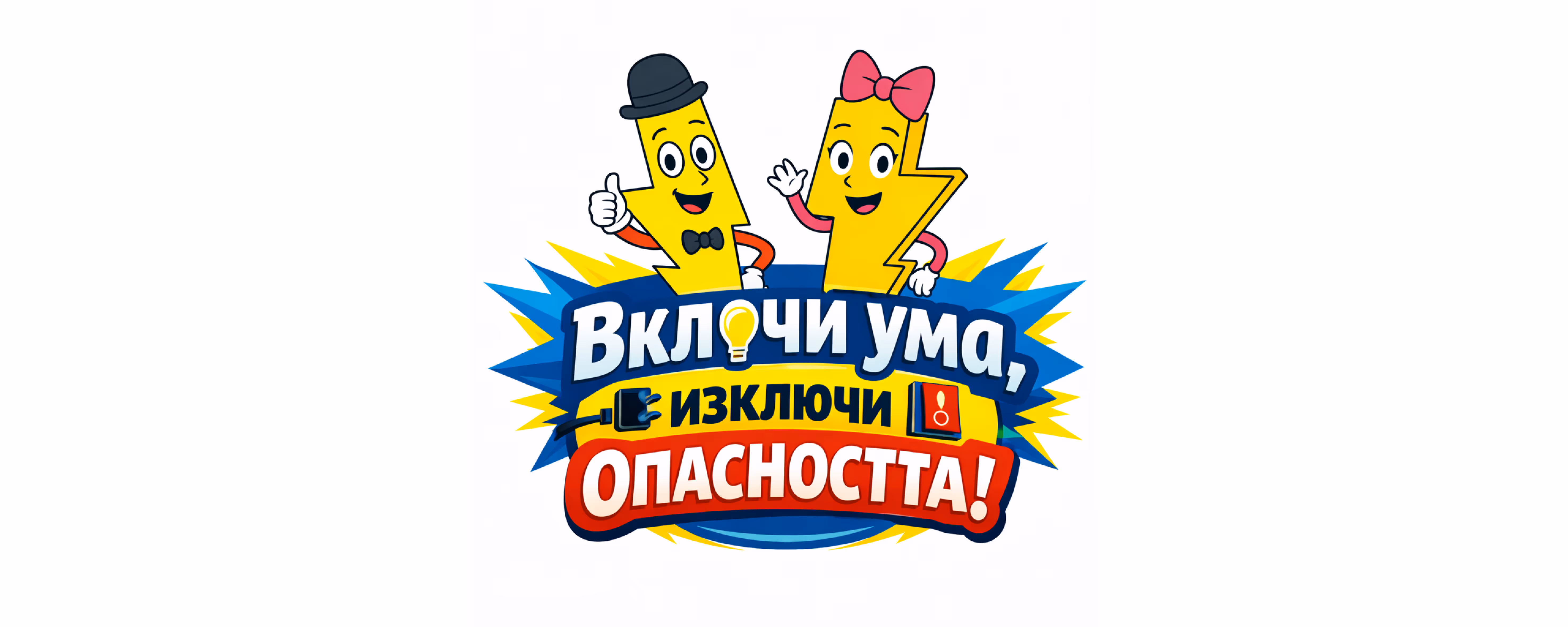Илюстрация с два жълти мълнии с лица, един с черна шапка и папийонка, друг с розова панделка, и текст на български „Включи ума, изключи опасността!“