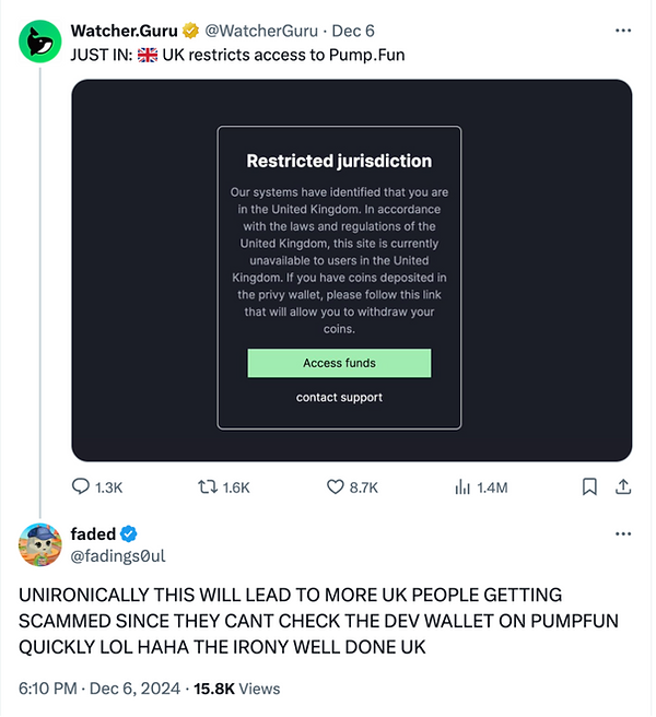 Screenshot of reply to announcement of Pump.fun's ban in UK