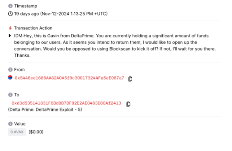 deltaprime reaches out to hacker