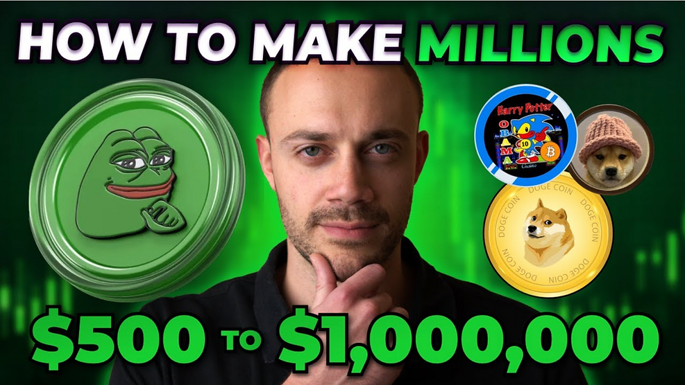 Man poses thoughtfully with crypto logos on a green background. Text reads: "HOW TO MAKE MILLIONS," "$500 to $1,000,000."