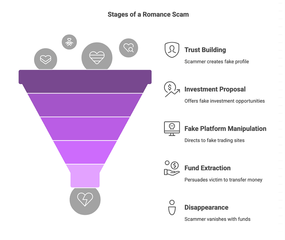 Stages of a Romance Scam, in a funnel shape