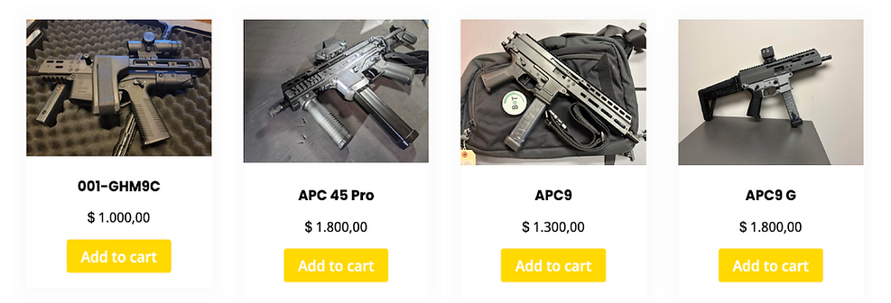 Four guns displayed in catalog format, each with a price and "Add to cart" button. White backgrounds, varied settings, featuring the models 001-GHM9C, APC 45 Pro, APC9, and APC9 G.