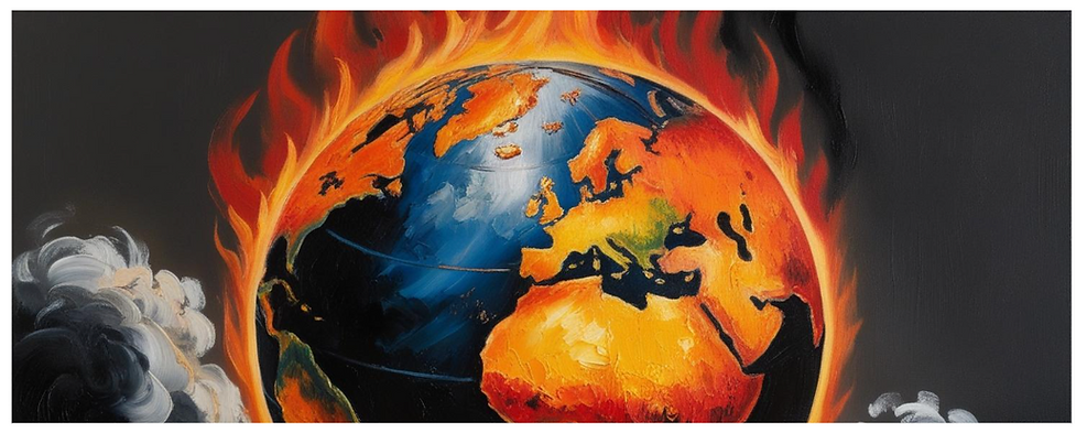 A globe on fire, depicting Europe, Africa, and Asia in vivid orange and blue. Flames rise against a dark background, creating a dramatic mood.