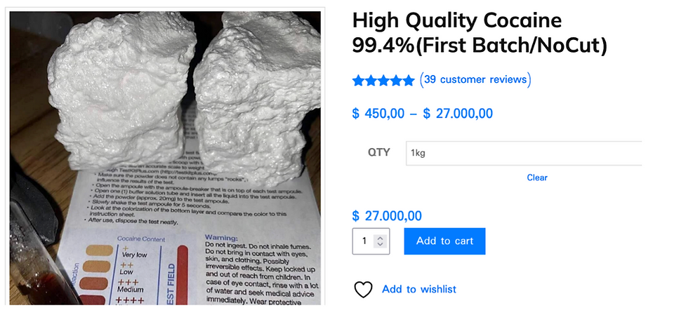 Two white rock-like substances on a document about "Cocaine Content." Online ad for "High Quality Cocaine" with prices and reviews.