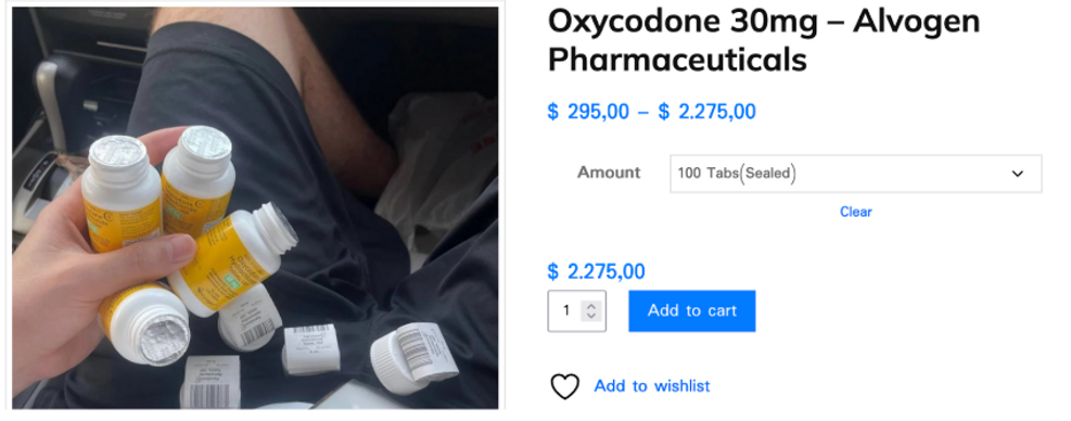 Hand holding several yellow medicine bottles in a car. Online listing for Oxycodone 30mg by Alvogen Pharmaceuticals, with pricing details.