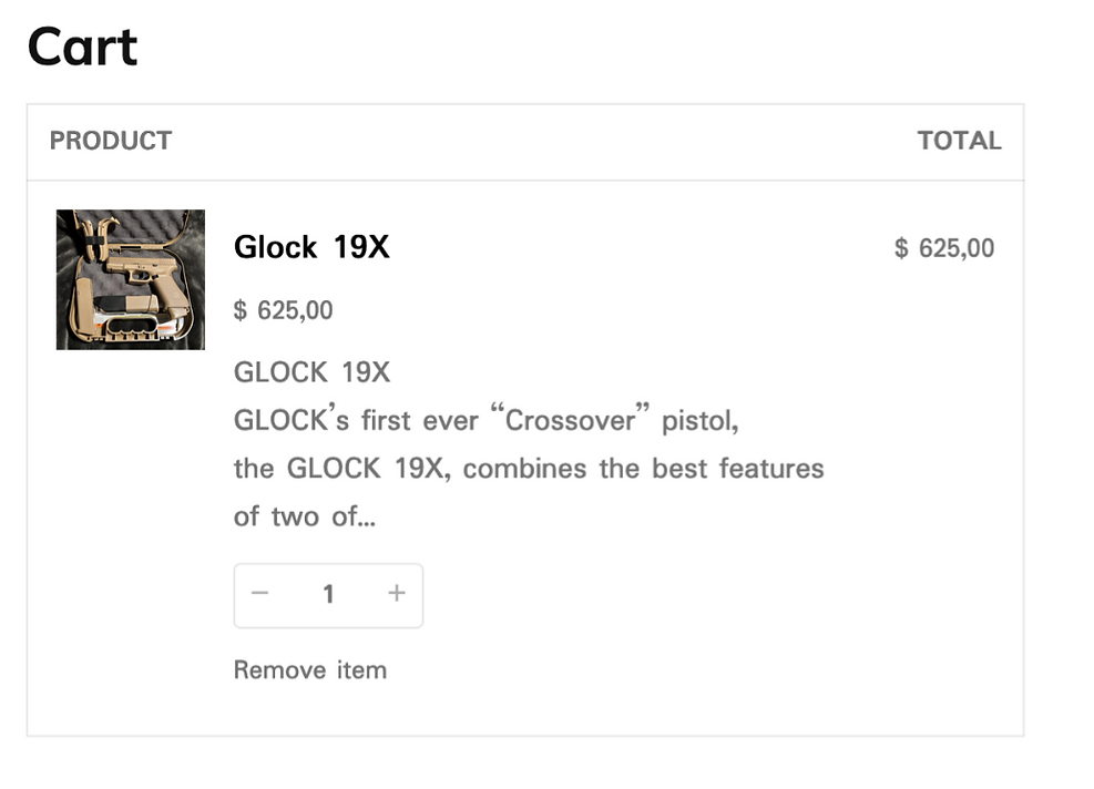 Shopping cart displaying a Glock 19X pistol priced at $625. Description highlights it's a "Crossover" model. Options to adjust quantity.