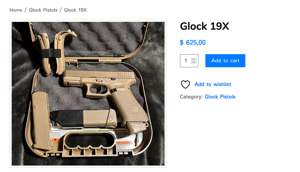 Tan Glock 19X pistol set in case, with magazine and accessories. Price: $625. Option to add to cart. Background: textured gray.