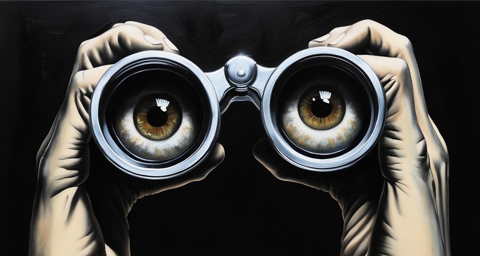 Hands holding binoculars with eyes on lenses, against a dark background, conveying an intense, surreal gaze.