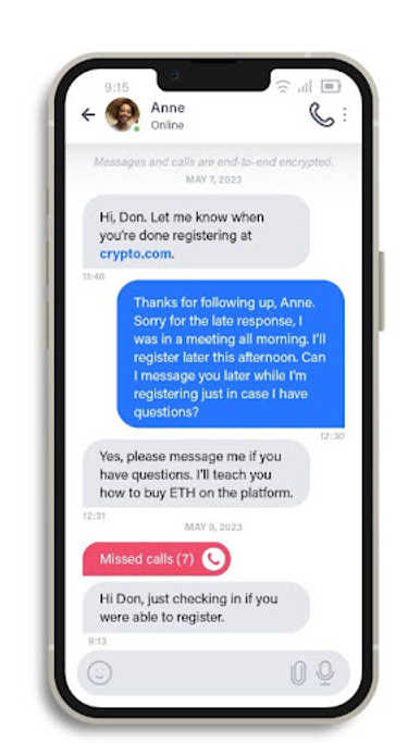 Screenshots of an example of a conversation where a pig-butchering scammer tries to entice a victim