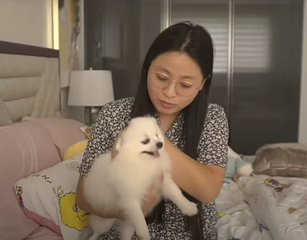 Woman in glasses holding a small white dog on a bed with patterned sheets. Soft lighting and cozy room ambiance.
