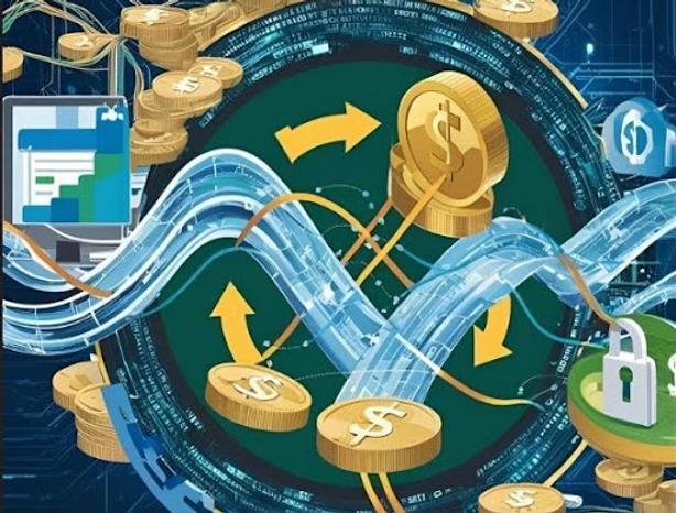 Digital currency concept with coins, arrows, and data streams. Blue background with circuit patterns and a padlock indicating security.