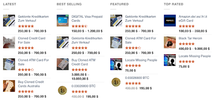 Grid showing digital marketplace listings for cloned credit cards, prepaid cards, and illegal items. Prices and star ratings included.