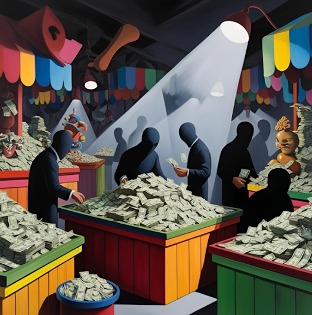 Silhouetted figures sort money at colorful booths under spotlights, surrounded by circus-like decor, creating a surreal, enigmatic scene.